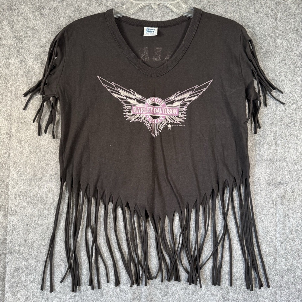 Vtg 80s Harley Davidson Tassle Fringe Crop Top Womens XL Festival Tease Shirt